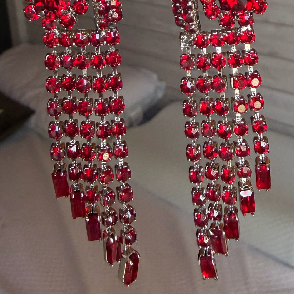 Free People New On Card Follow The Rhythm Red Crystal Fringe Drop Earrings - Picture 10 of 10